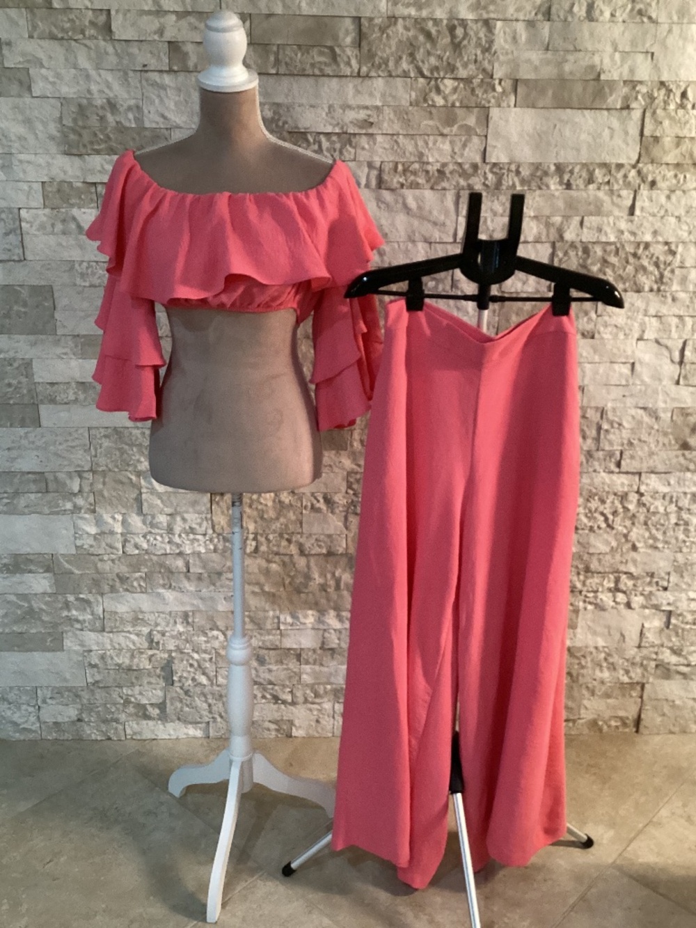 Rooca Brand Off-the-shoulder Crop Top Wide Leg Pants Set (NWT)